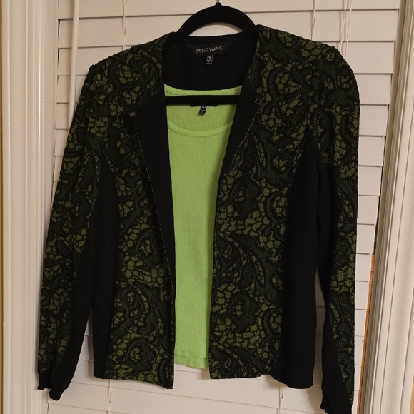 Ming Wang 2 Pieces Black and Green Blazer with Floral Lace And Top - Picture 1 of 15